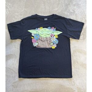 Star Wars The Mandalorian Grogu The Child Baby Yoda‎ Floral T Shirt Black Medium